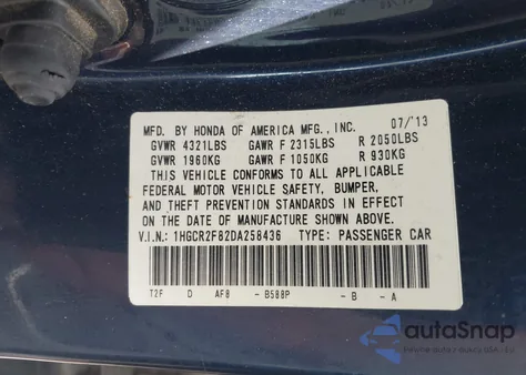 2013 Honda Accord Sdn Ex-L z USA, uszkodzony, nr VIN 1HGCR2F82DA258436